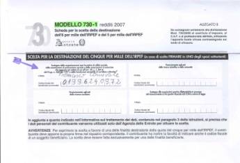 Spazio riservato al cinque per mille nella dichiarazione dei redditi (Modelllo 730-1)