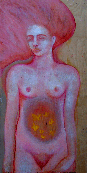 Foto del dettaglio del quadro di donna rosa con farfalle esposto