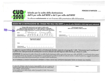 Spazio riservato al cinque per mille nella dichiarazione dei redditi (CUD)
