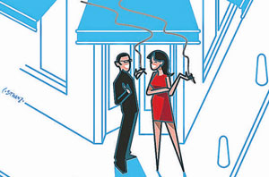 Fumetto con uomo e donna all'esterno di un locale che stanno flirtando mentre fumano