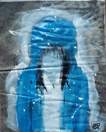 Dipinto di ragazza con felpa blu