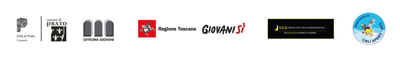  Loghi del progetto: Città di Prato, Comune di Prato, Officina Giovani, Regione Toscana, Giovanisì, SED - Servizi per l'educazione digitale, Associazione Cieli aperti