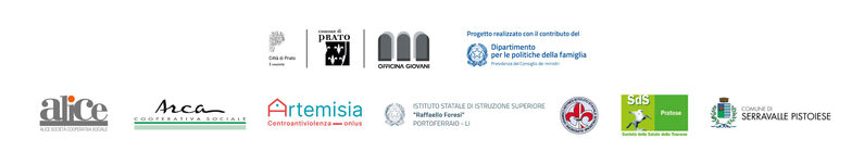  Loghi: Città di Prato, Comune di Prato, Officina Giovani, Dipartimento delle politiche per la famiglia - Presidenza del Consiglio dei ministri e inoltre Cooperativa Alice, Arca Cooperativa Sociale, Istituto Superiore 'R. Foresi' di Portoferraio, Società della Salute, Comune di Serravalle Pistoiese