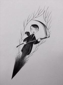 Disegno di un bambino con corvo sulla spalla realizzato da Cugnetto