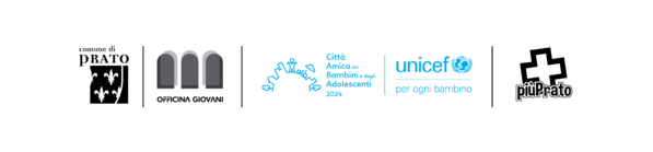 Loghi progetto: Comune di Prato, Officina Giovani, Unicef Città Amica dei Bambini, associazione Più Prato